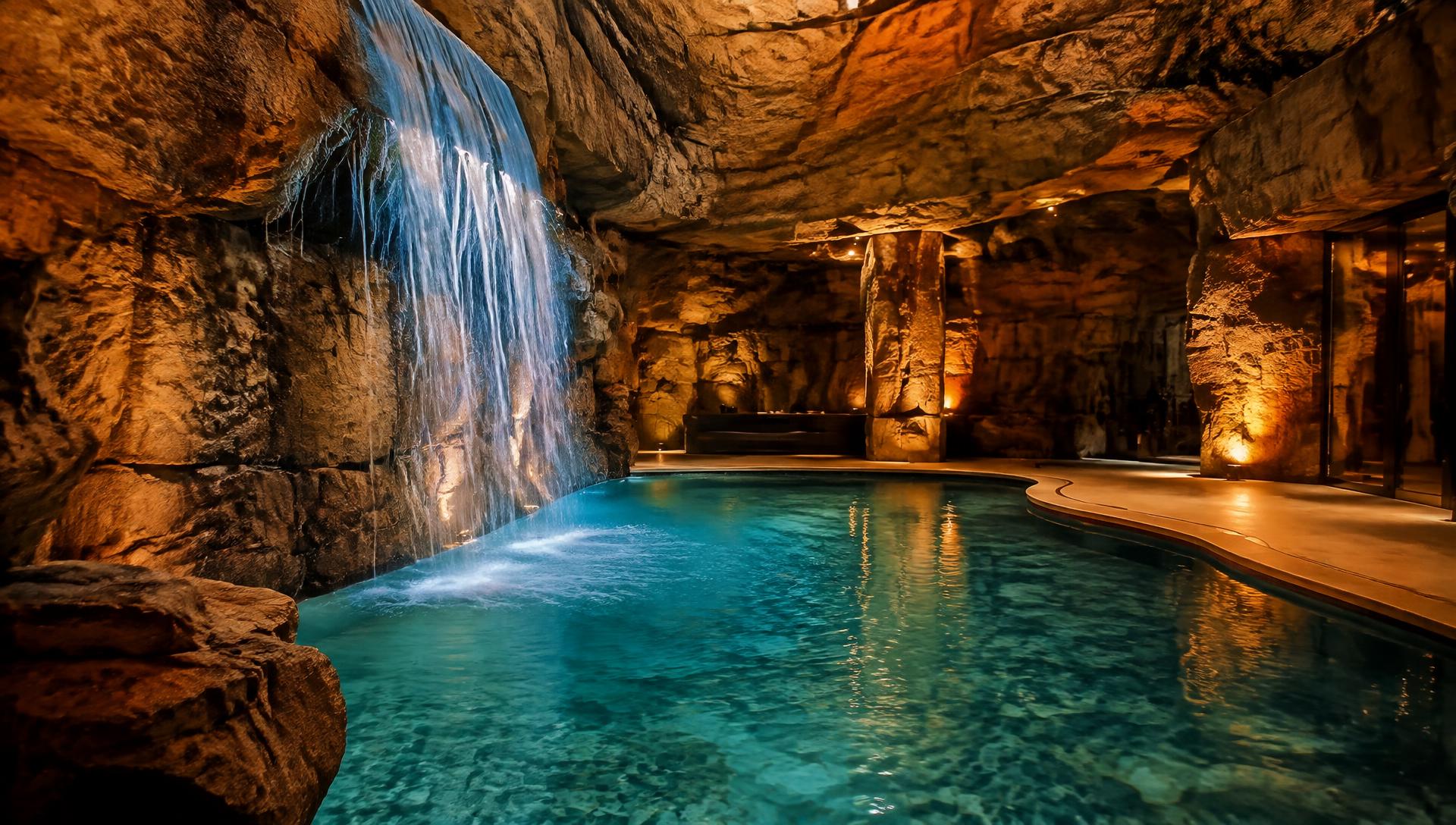 Piscina in grotta artificiale con cascata